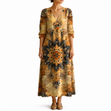 Dora – Rochie Artistică cu Model Geometric și Tonuri Pământii