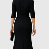 Aurora – Rochie Midi Neagră cu Curea și Tiv Asimetric