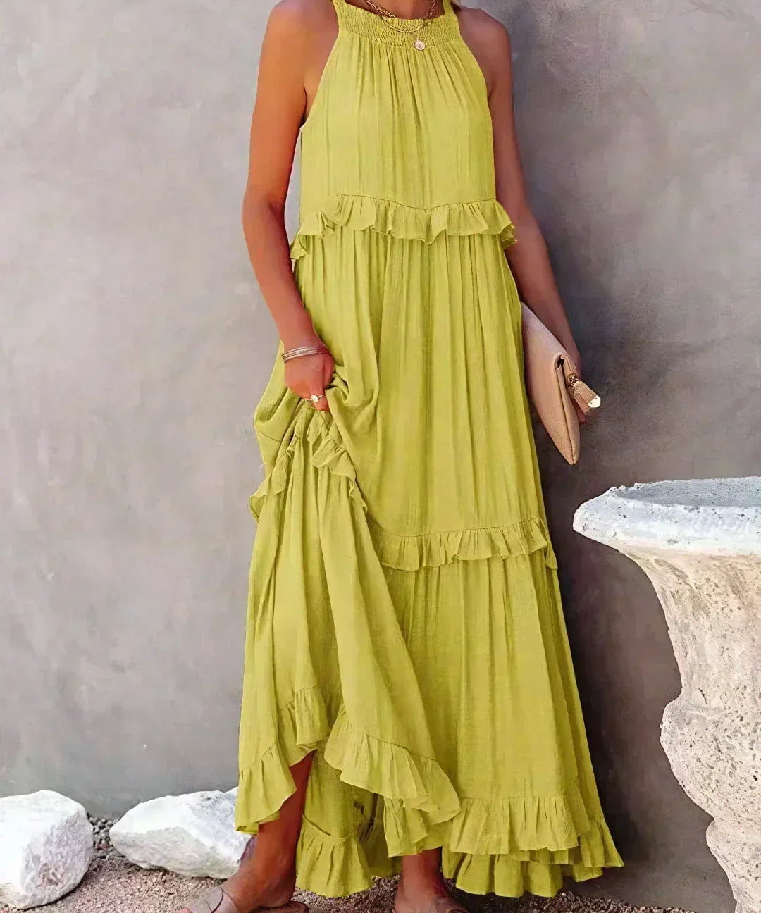 Sorina – Rochie Maxi cu Bretele și Volane