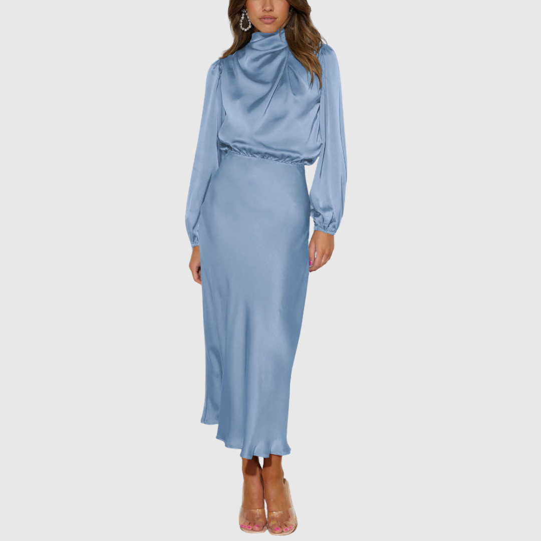 Matilda – Rochie Maxi Satinată cu Mâneci Bufante