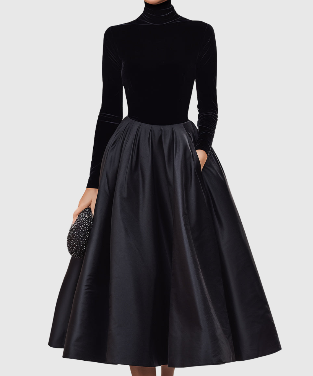 Loredana – Rochie Midi Neagră din Catifea și Satin