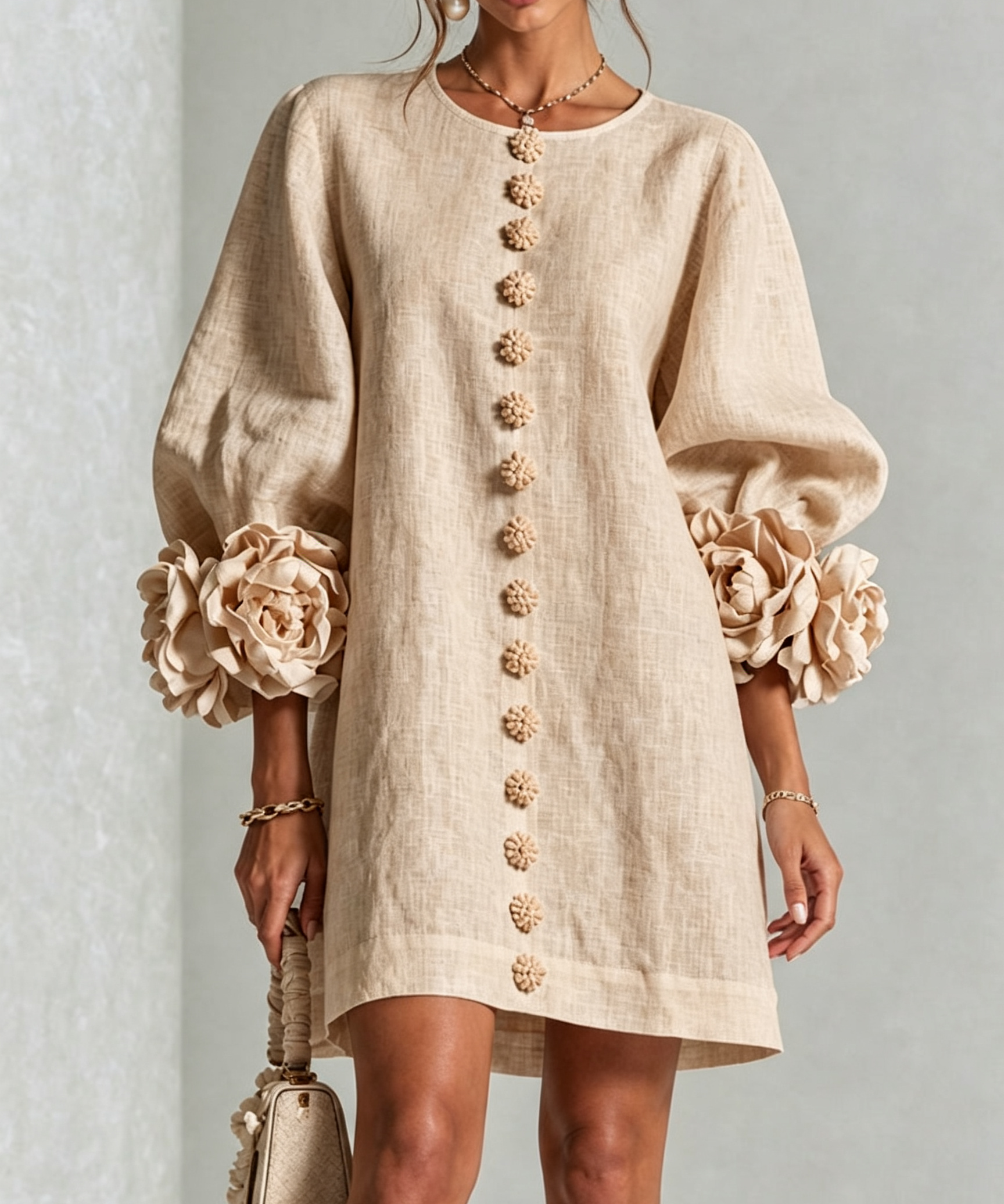 Rochie mini de damă cu nasturi florali, mâneci 3/4 și manșete în formă de trandafir