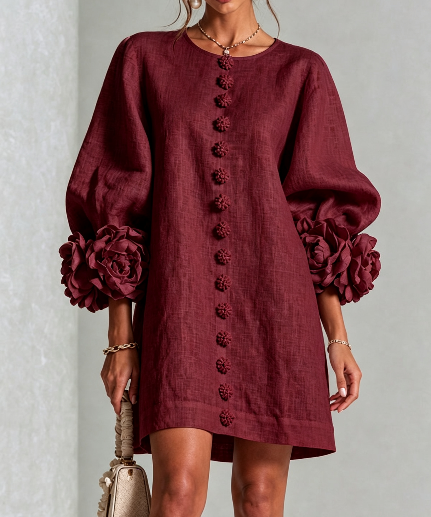 Rochie mini de damă cu nasturi florali, mâneci 3/4 și manșete în formă de trandafir