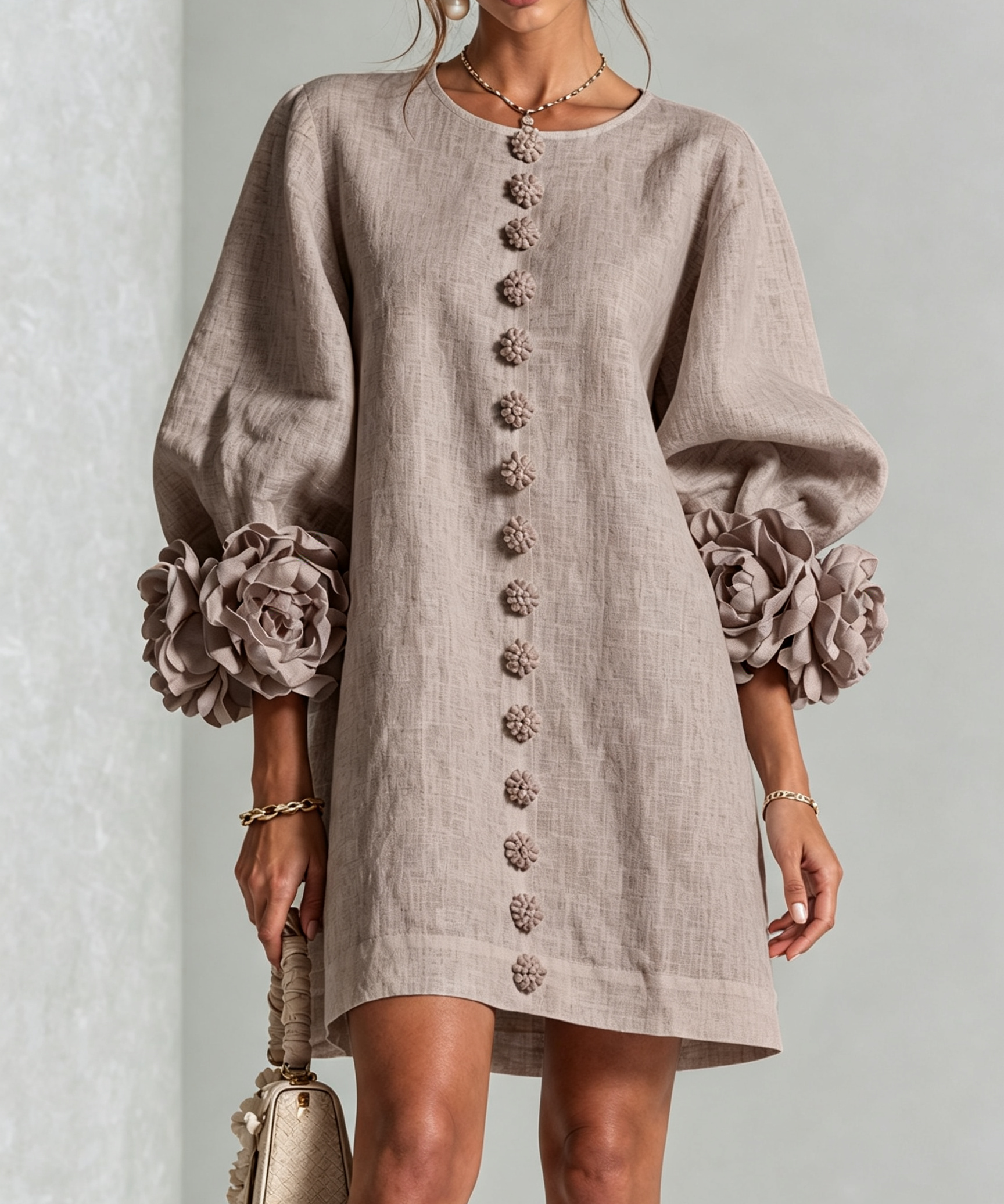 Rochie mini de damă cu nasturi florali, mâneci 3/4 și manșete în formă de trandafir