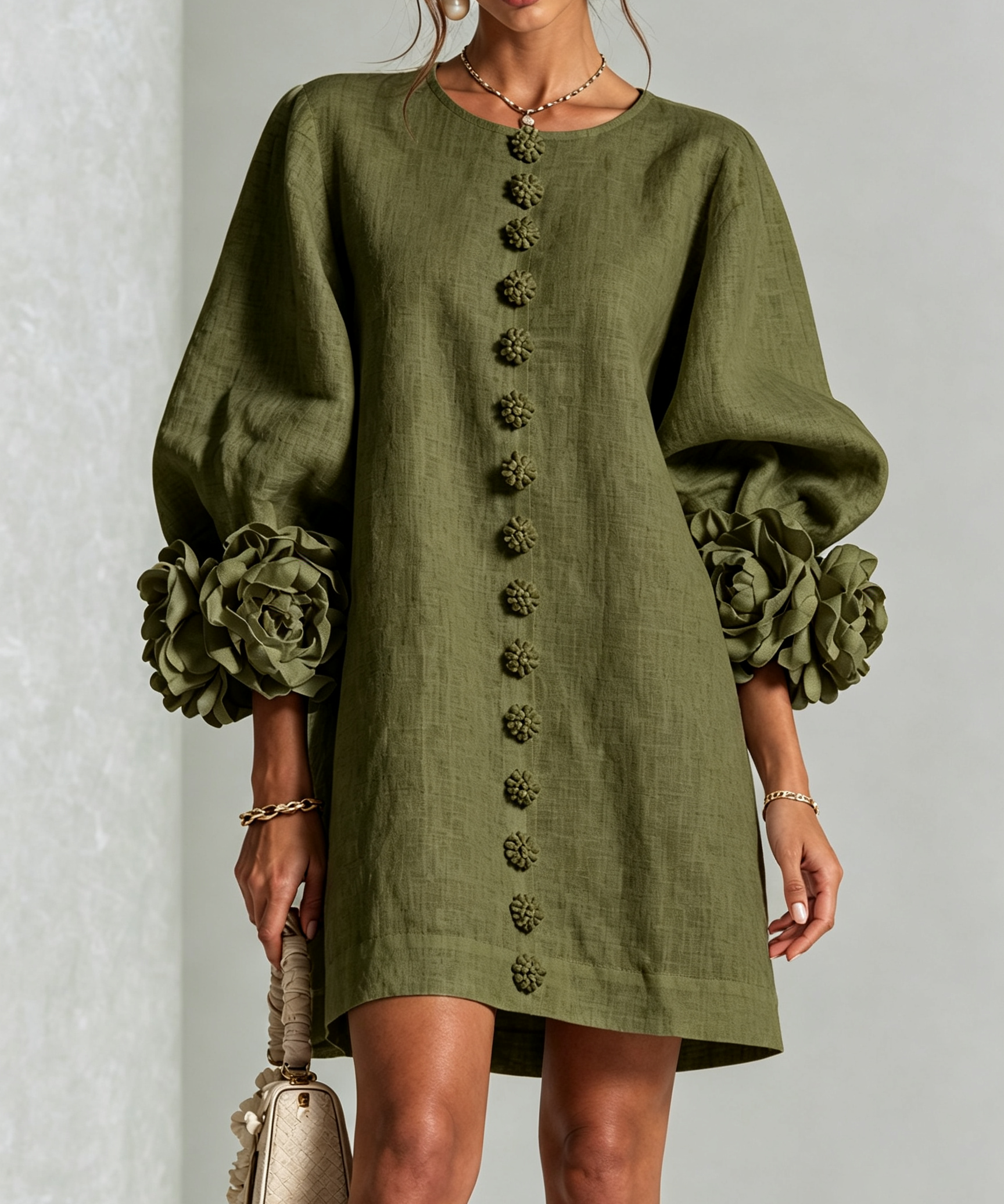 Rochie mini de damă cu nasturi florali, mâneci 3/4 și manșete în formă de trandafir