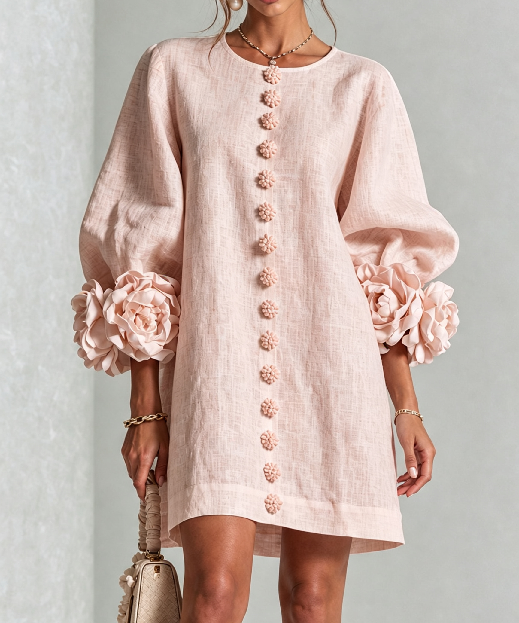 Rochie mini de damă cu nasturi florali, mâneci 3/4 și manșete în formă de trandafir