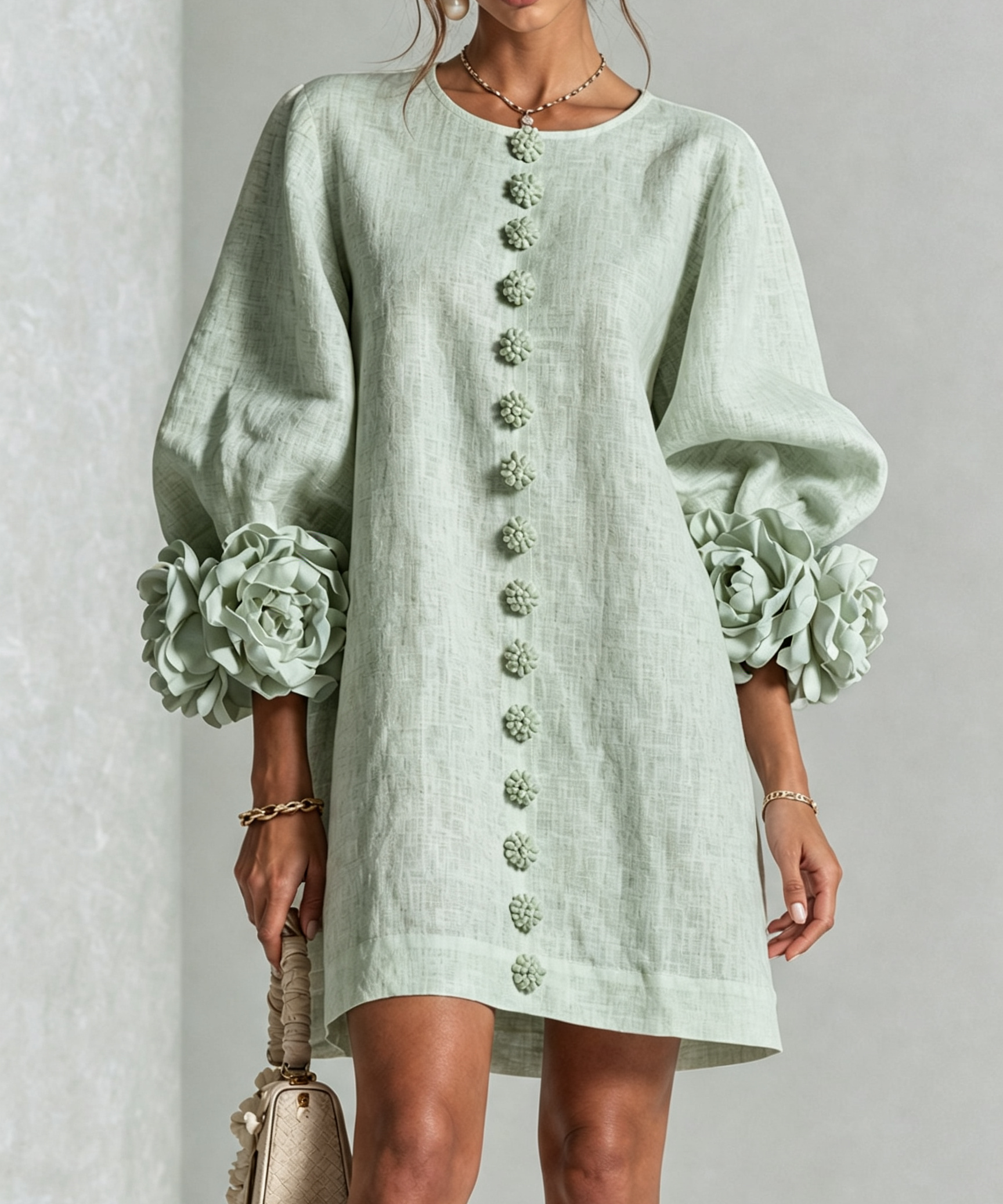 Rochie mini de damă cu nasturi florali, mâneci 3/4 și manșete în formă de trandafir