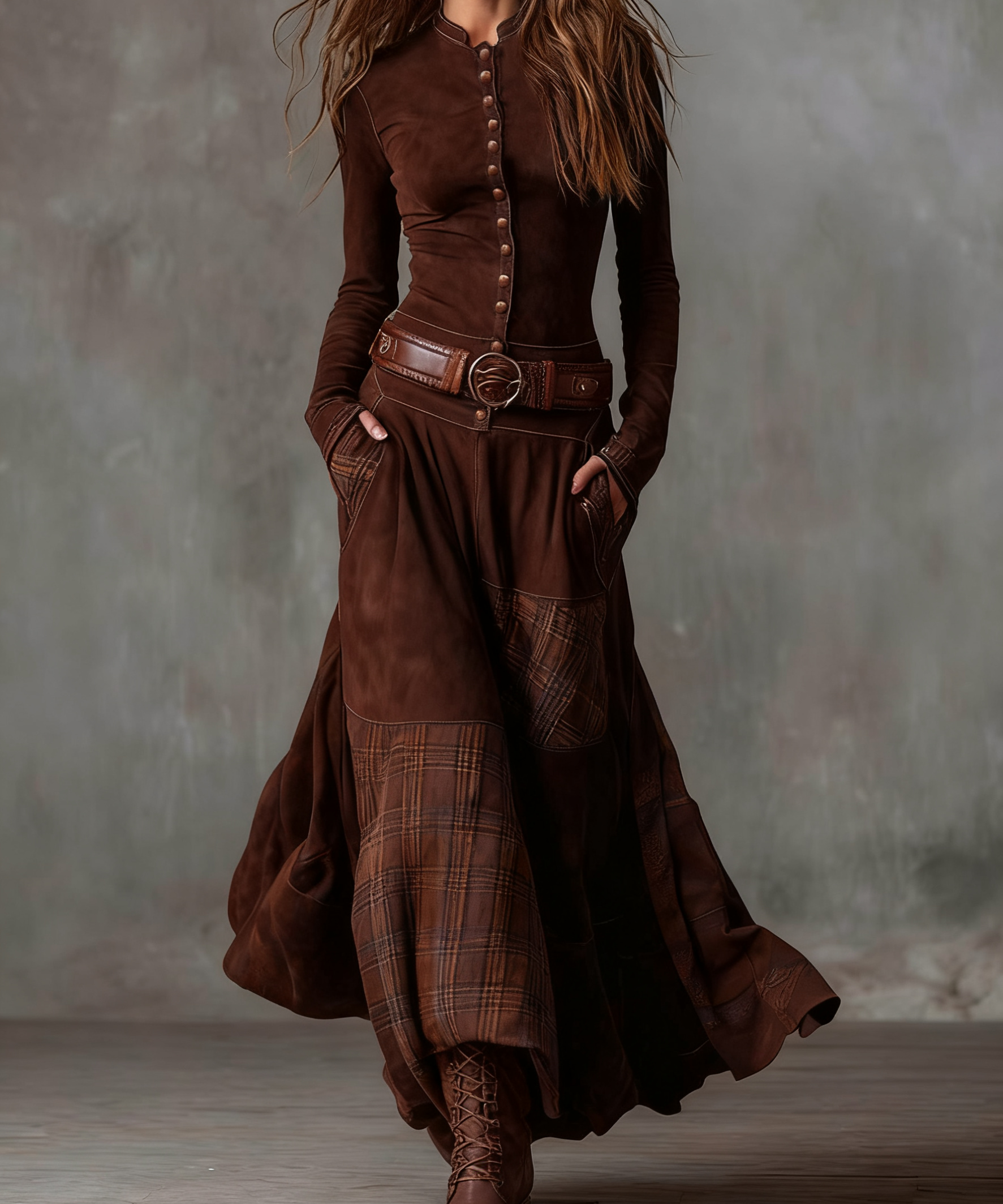 Lorena – Rochie lungă vintage din ante cu carouri bleumarin (include curea)