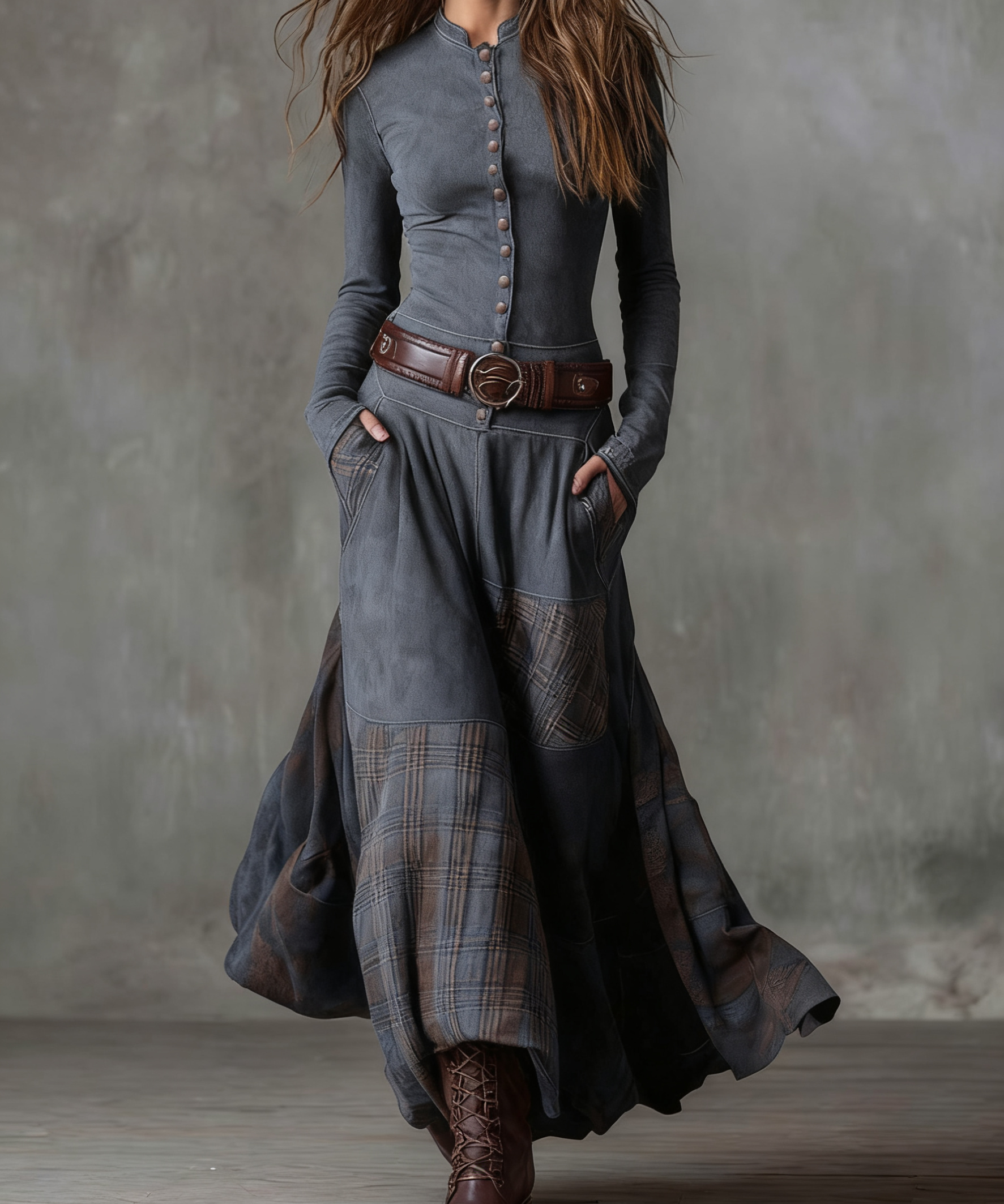 Lorena – Rochie lungă vintage din ante cu carouri bleumarin (include curea)