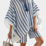 Nancy csíkos szett Oversize pólóval és elegáns sorttal