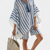 Nancy csíkos szett Oversize pólóval és elegáns sorttal